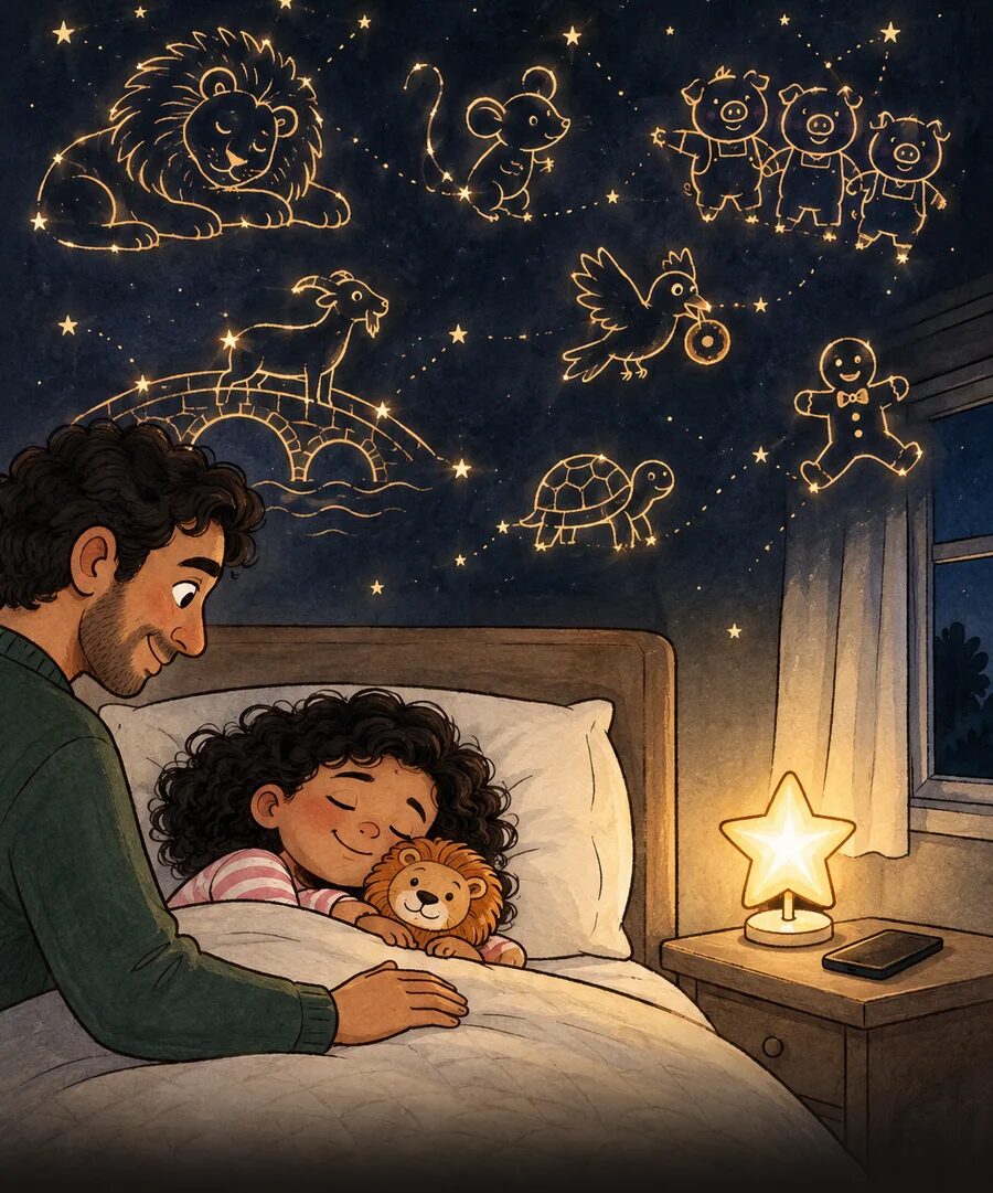Story constellations in the night sky: a lion, a mouse, three pigs, a goat on a bridge.