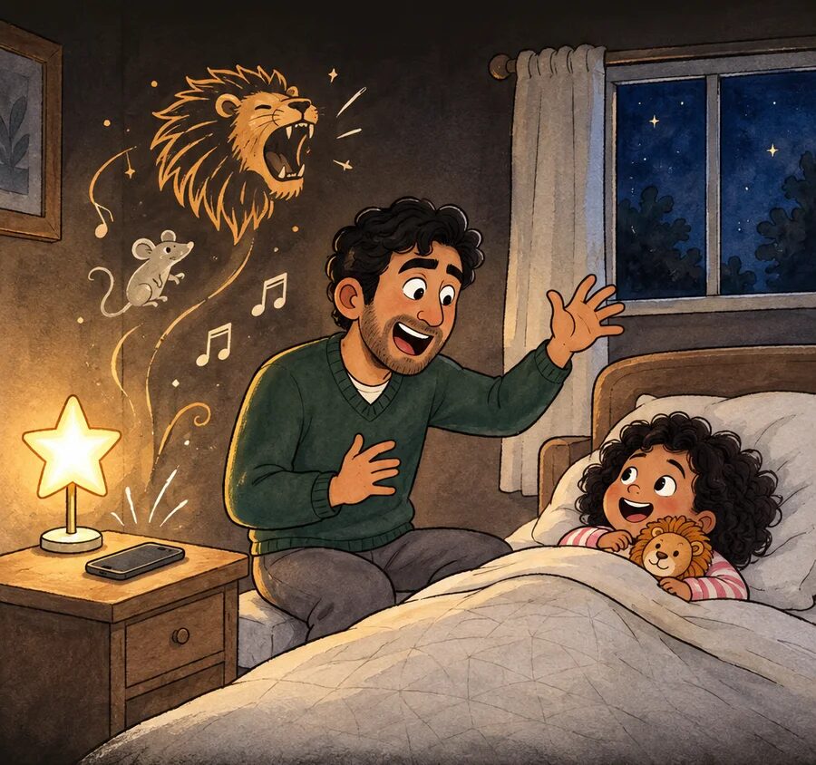 The same father; a lion and a mouse spring from the phone lying face down by the lamp, and the child grins.