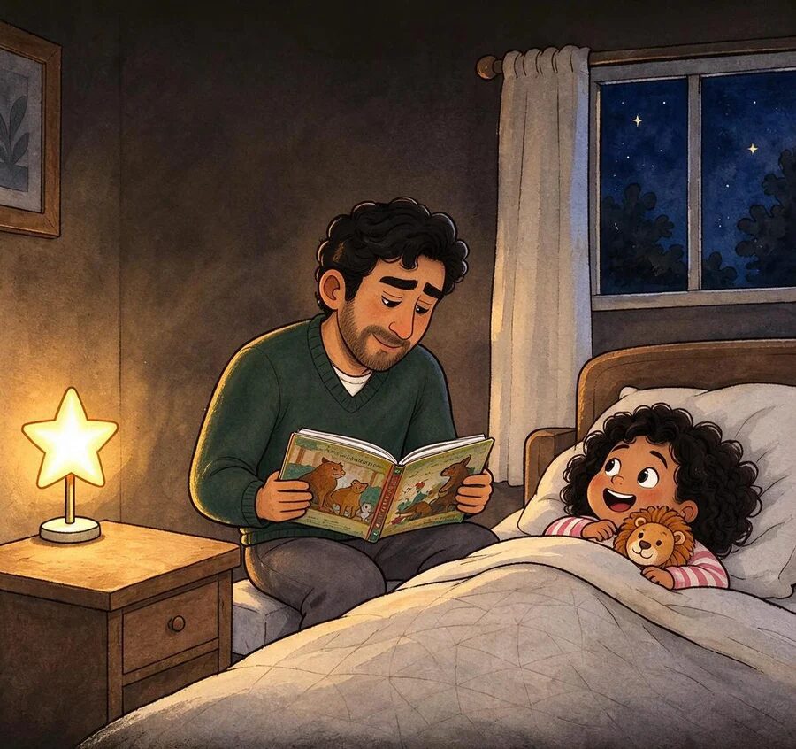 A father reads from a picture book at the bedside, eyes on the page.