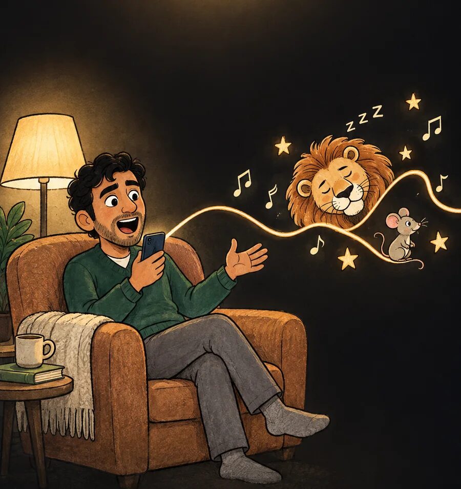 A father in an armchair tells a story into his phone; a sleeping lion, a mouse and music notes float out on a golden ribbon.