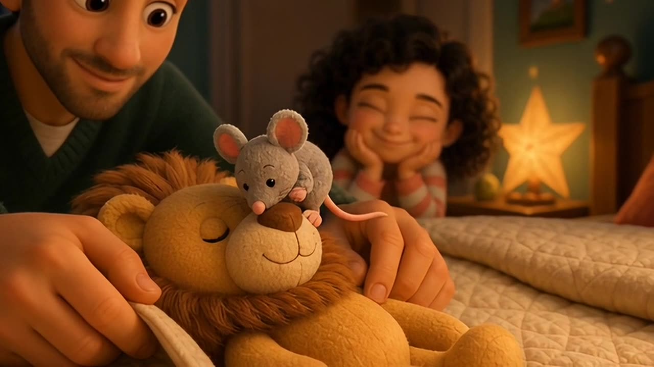 A dad makes a toy mouse tiptoe across a sleeping toy lion; his daughter giggles.