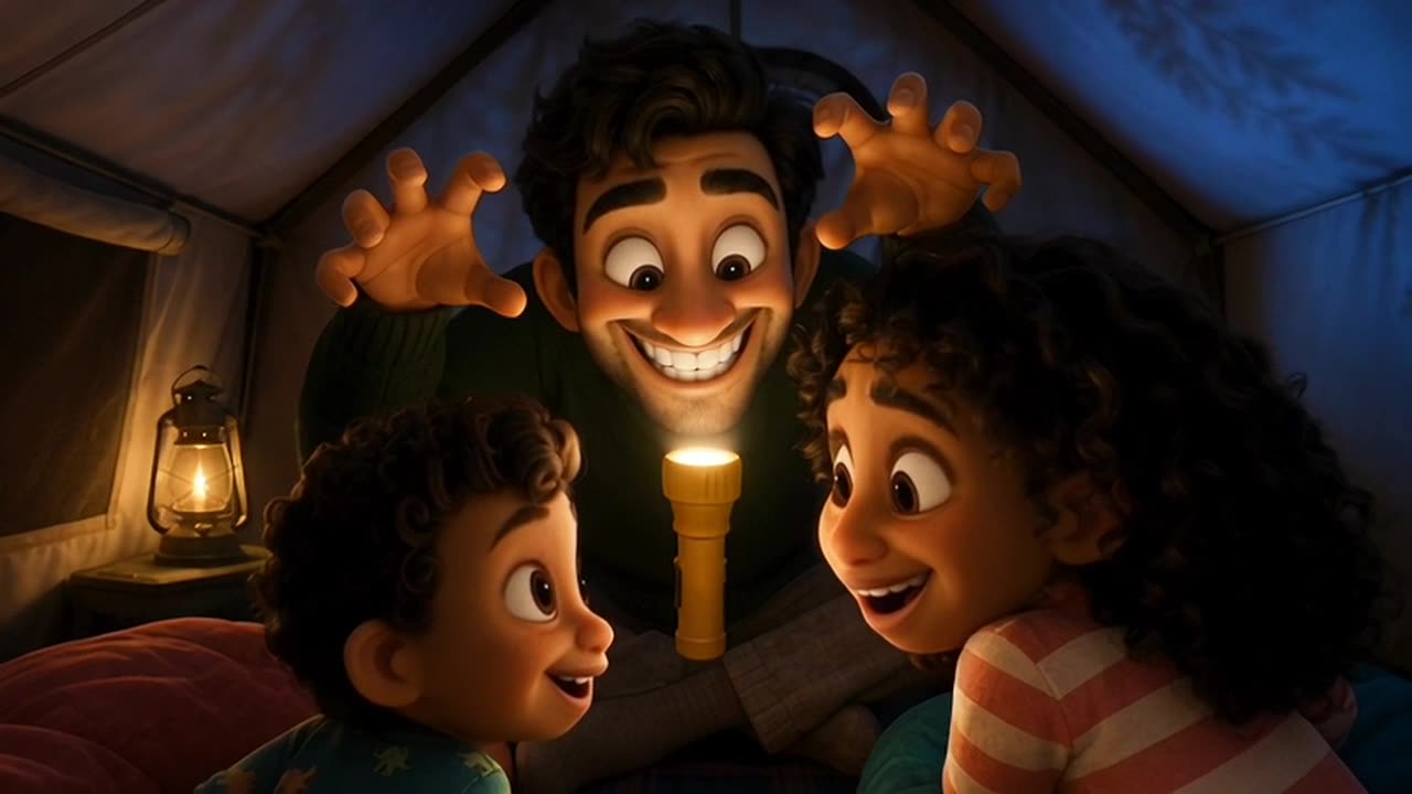 A dad performs a spooky story in a tent for two children.